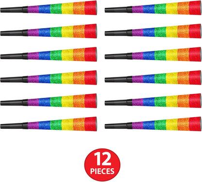 Beistle Pride Horns – 12-Pack Rainbow Party Horns With Sparkling Crinkle Film and Jumbo Black Plastic Mouthpieces for Parades, Pride Month, LGBTQ+ Events, Gay Support and Inclusive Celebrations, 9”