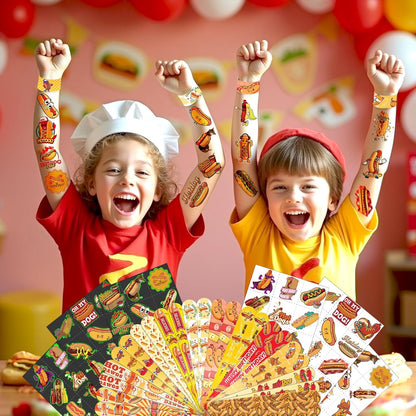 96 PCS Hot Dog Party Favors Set – 72 Pre-Cut Temporary Tattoos & 24 Slap Bracelets for Kids, Perfect for Food-Themed Birthday Parties, BBQ Celebrations & Classroom Rewards