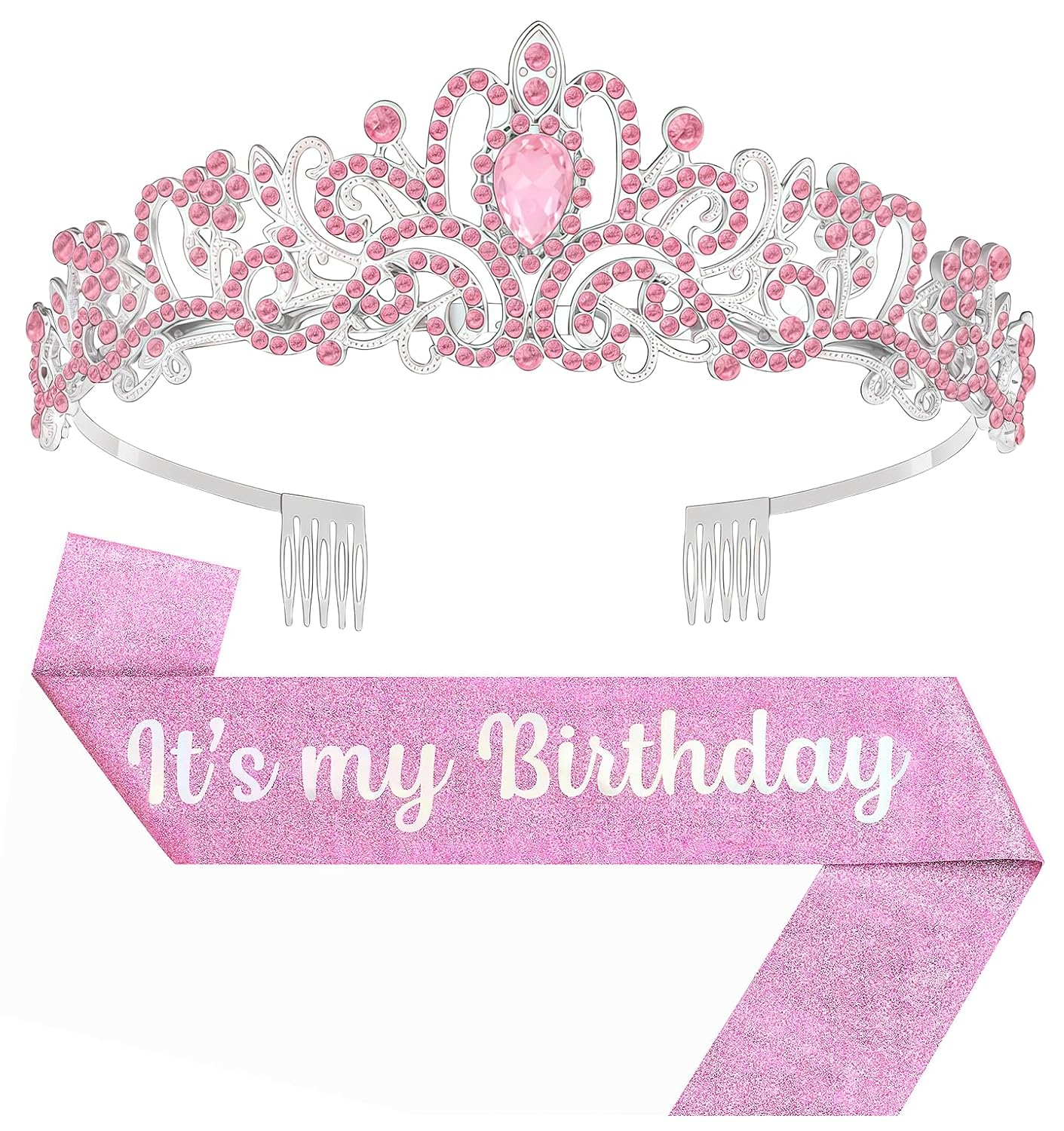 Birthday Tiara and Crown with Sash, Birthday Tiara for Women Party Silver