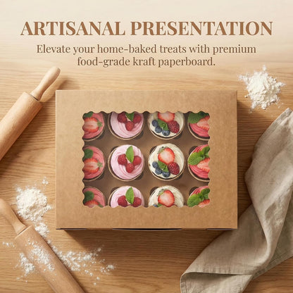 Jucoan 20 Pack Cupcake Boxes, 12 Counts Dozen Cupcake Containers with Window and Insert, Brown Bakery Pastry Treat Boxes for Muffins, Cookies, Donuts, Take Out Containers for Party