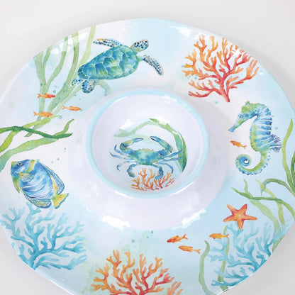 UPware Sea Life Melamine Chip and Dip Serving Tray, Round Serving Platter for Chips, Salsa, Fruit, and Snacks, Multicolor, 13.5 Inch