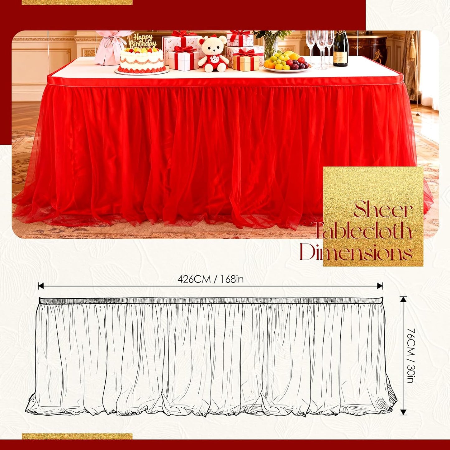 THARAHT Tulle Table Skirt 6FT 180CM Long for Rectangle Tables Round Tables Ruffle Desk Skirt for Princess Girls Birthday Party Cake Dessert Decorations Table Skirt