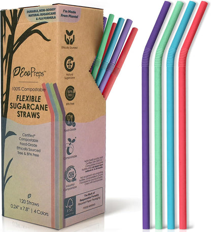 EcoPreps Biodegradable Sugarcane Straws | 150 Count, 100% Compostable, Plastic-Free, & Eco-Friendly Drinking Straw | 7.8'' Sugar Fiber Disposable Straws, Smoothie Straw for Home, Restaurant, Parties