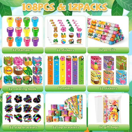 BenLouis 108Pcs Hawaiian Luau Party Favors Aloha Summer Tropical Tiki Theme School Stationery Set Bulk for Kids Beach Pool Birthday Party Goodie Bag Stuffers Classroom Gifts Rewards Pinata Filler