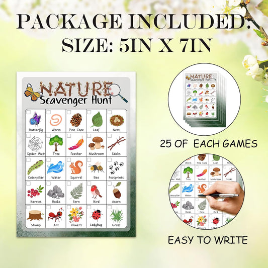 Nature Scavenger Hunt Cards Set Of 25 Pcs, Camping Scavenger Hunt Game, Outdoor Scavenger Hunts, Outdoor Holiday Party Game Find And Seek Camping Activity, Holiday Party Games For Family Friend, A02