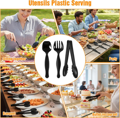 36Pcs plastic serving utensils serving utensil Set Servings Utensils Disposable Black Include 6.3"Plastic Servings 9.75"Servings Spoons 9.75"Servings Forks for 12 sets for Dinner Parties