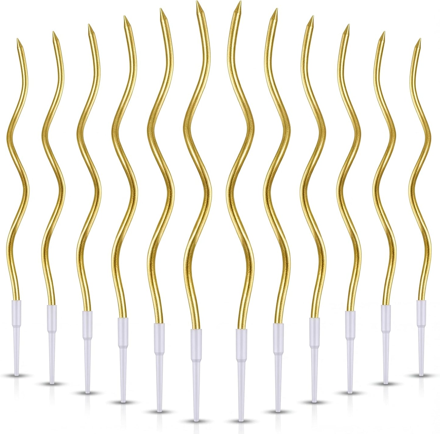12-Count Spiral Birthday Candles, Long Twisty Gold Party Candles with Candle Holders, Long Burning for Weddings, Birthdays, Party Decorations, Cupcakes, Anniversary and Meetups (Gold)