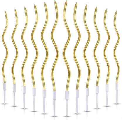 12-Count Spiral Birthday Candles, Long Twisty Gold Party Candles with Candle Holders, Long Burning for Weddings, Birthdays, Party Decorations, Cupcakes, Anniversary and Meetups (Gold)