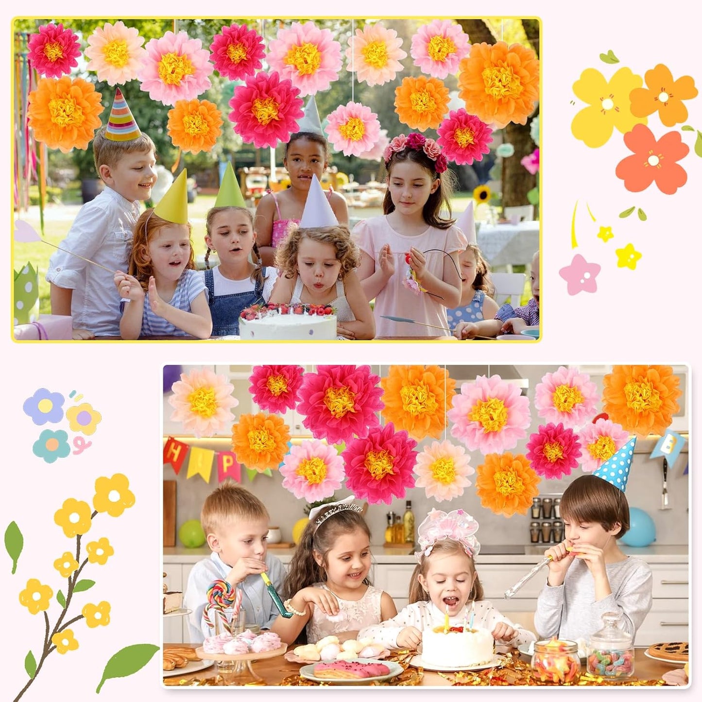 BestoFun 14 PCS Orange & Hot Pink Tissue Paper Flowers – Vibrant Party Decorations for Birthday, Baby Shower, Wedding, Fiesta, and Holiday Events