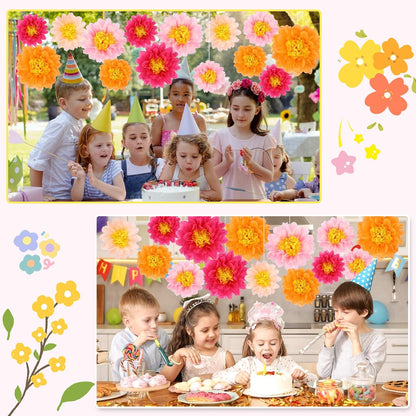 BestoFun 14 PCS Orange & Hot Pink Tissue Paper Flowers – Vibrant Party Decorations for Birthday, Baby Shower, Wedding, Fiesta, and Holiday Events