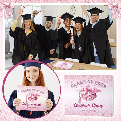 Patelai Pink Bow Graduation Guest Book Class of 2026 Party Decorations Leather Graduation Guest Signature Party Sign Gift with Pen, 112 Pages (Congrats Grad)
