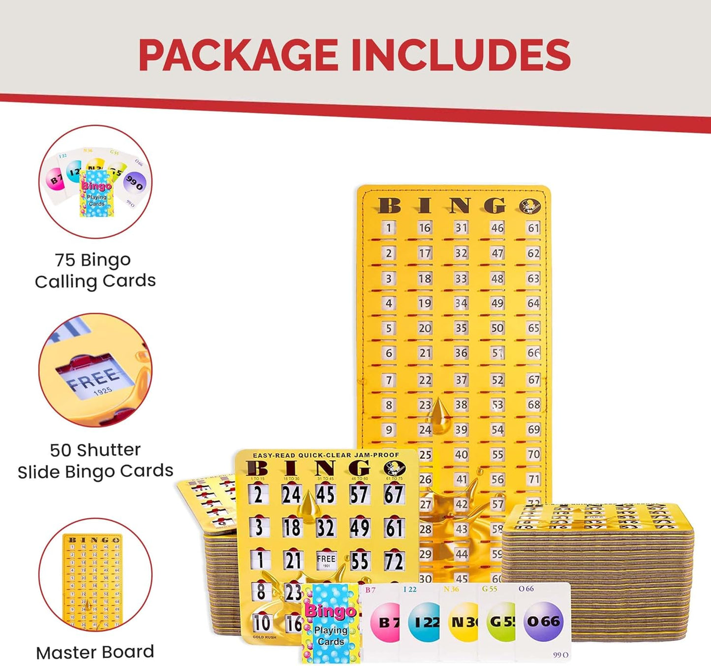 MR CHIPS Jam-Proof Bingo Cards with Sliding Windows, 25 Reusable Shutter Cards, 75 Calling Cards 1 Master Board in Tan Woodgrain Style