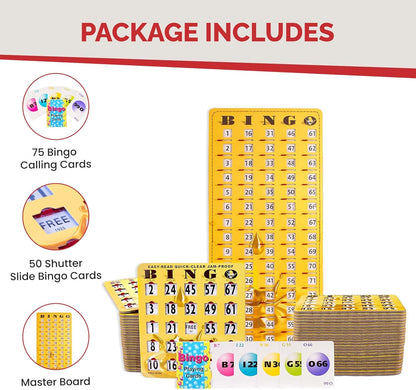 MR CHIPS Jam-Proof Bingo Cards with Sliding Windows, 25 Reusable Shutter Cards, 75 Calling Cards 1 Master Board in Tan Woodgrain Style