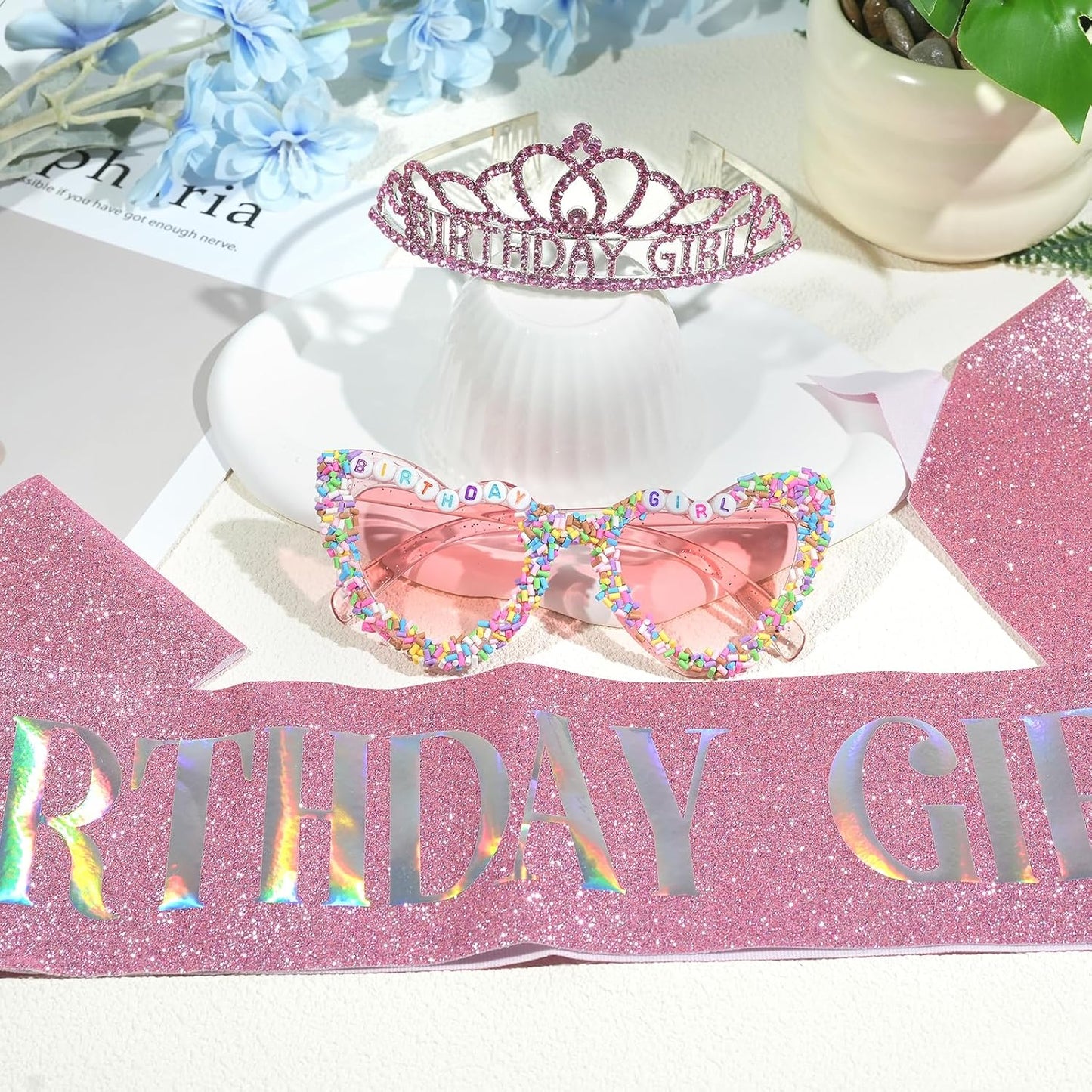 3Pcs Birthday Girl Sash Headband Set-Birthday Sash Tiara and Crown Sunglasses for Girls Women