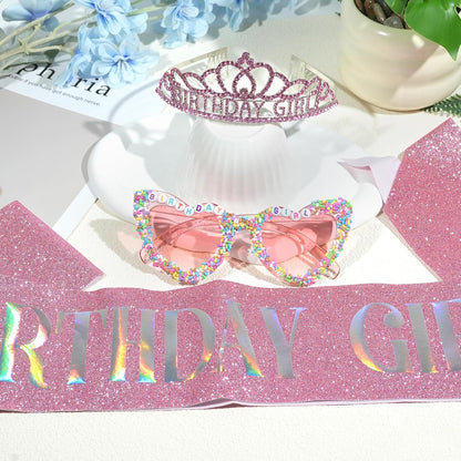 3Pcs Birthday Girl Sash Headband Set-Birthday Sash Tiara and Crown Sunglasses for Girls Women