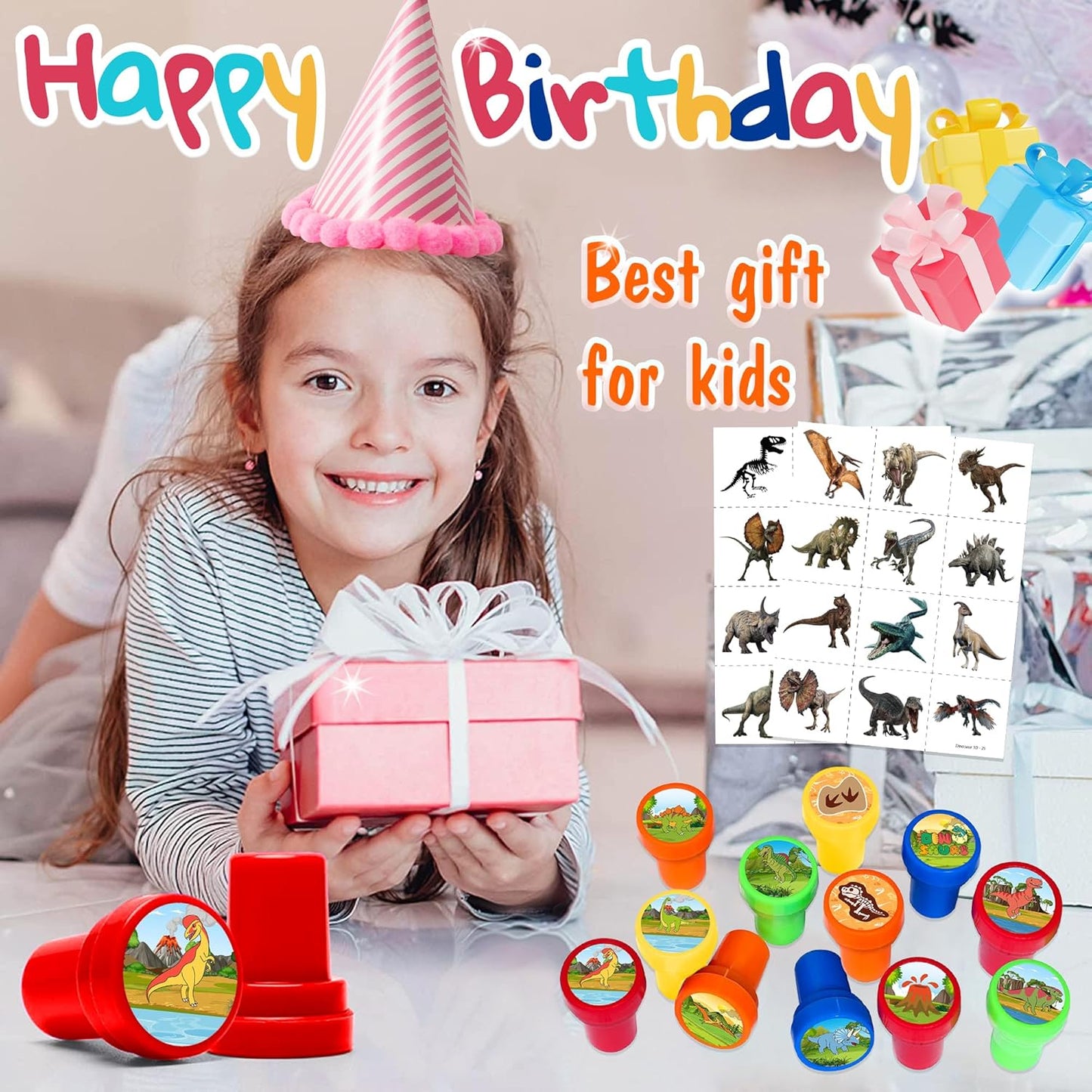 36PCS Dinosaur Party Favors - 24PCS Pre-Cut Temporary Tattoos & 12PCS Stamps - Ideal Dino Fossil Themed Birthday Card Decorations Supplies Goodie Bag Baby Shower Kids Gifts Classroom Rewards Prizes