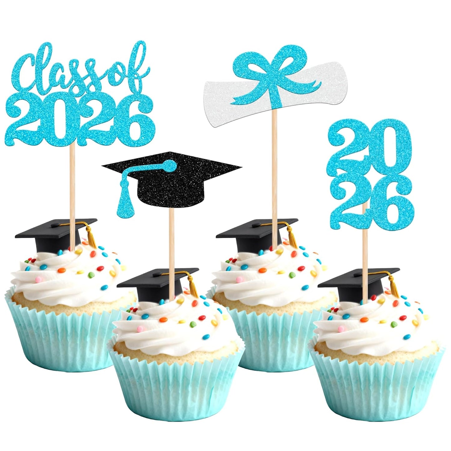 36 PCS 2026 Graduation Theme Cupcake Toppers Glitter Class of 2026 Grad Cap Diploma Cupcake Picks 2026 Graduation Theme Party Cake Decorations Supplies Deep Blue