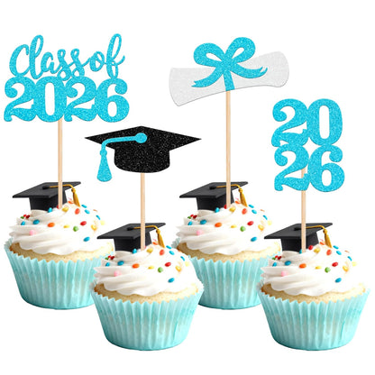 36 PCS 2026 Graduation Theme Cupcake Toppers Glitter Class of 2026 Grad Cap Diploma Cupcake Picks 2026 Graduation Theme Party Cake Decorations Supplies Deep Blue