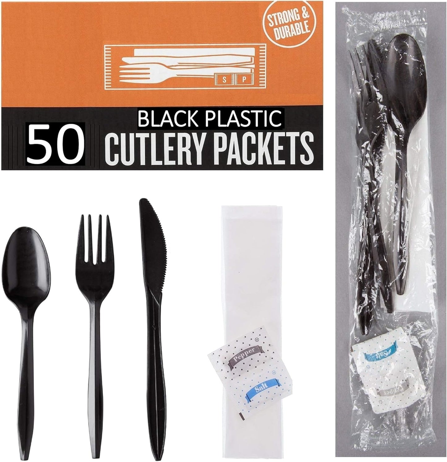 250 Plastic Cutlery Packets - Knife Fork Spoon Napkin Salt Pepper Sets | Black Plastic Silverware Sets Individually Wrapped Cutlery Kits, Bulk Utensil Cutlery Set Disposable To Go Silverware