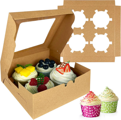 MUMULULU 8 PCS Brown Paper Cupcake Boxes with 4 Cavity Cookie Gift Boxes with Clear Window 4 Treat Holder Cupcake Containers Bakery Cake Box for Birthday Party Bakery Supplies