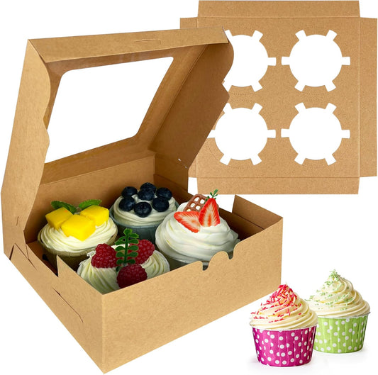 MUMULULU 8 PCS Brown Paper Cupcake Boxes with 4 Cavity Cookie Gift Boxes with Clear Window 4 Treat Holder Cupcake Containers Bakery Cake Box for Birthday Party Bakery Supplies