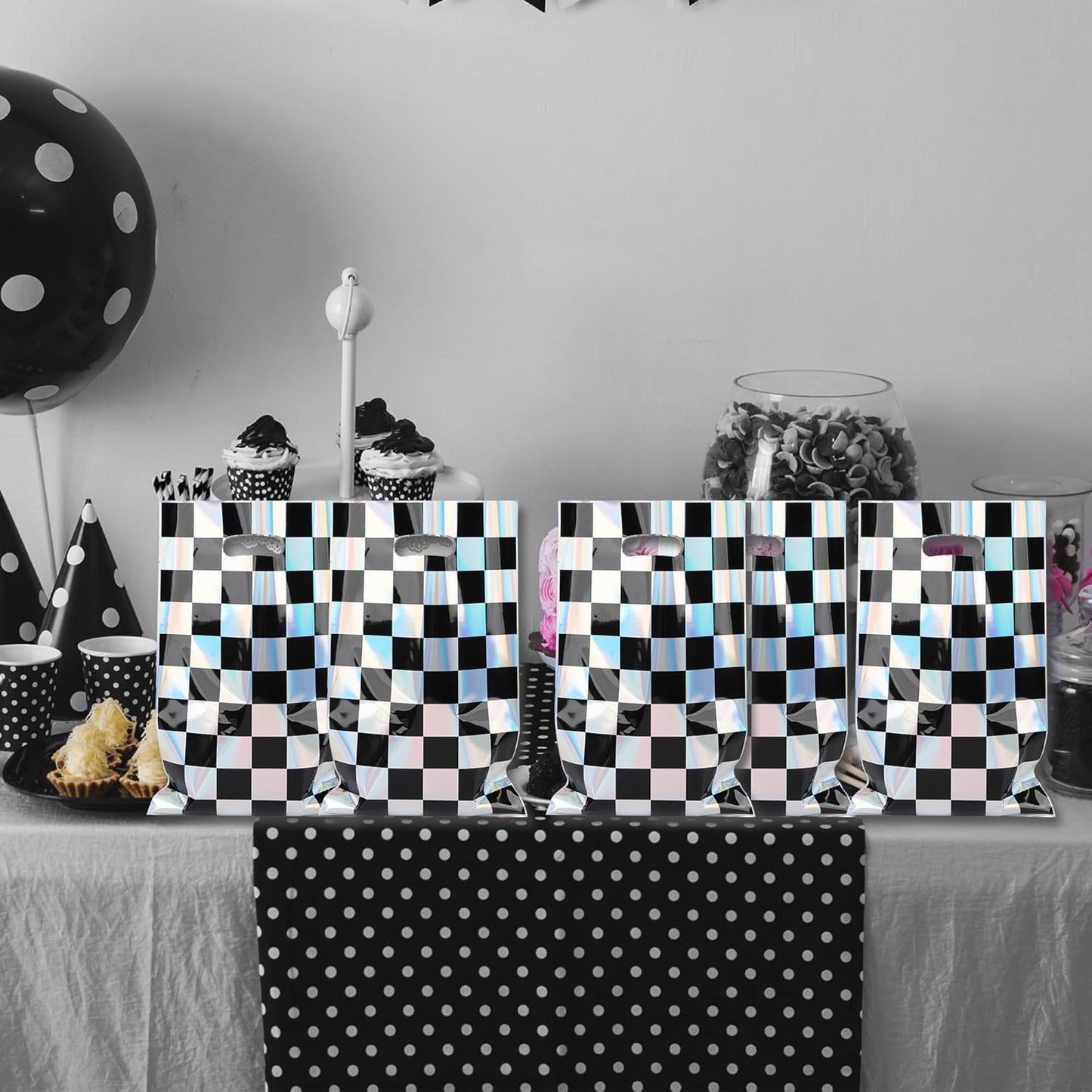 Mikzhskr 30Pcs Race Car Party Favors Bag Goodie bags Racing in Speed Party Decorations Soccer Theme Black and White Checkered Candy Bags with Handles for Kids Race Car Birthday Party Supplies