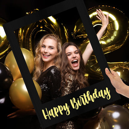 Beeveer 32 x 24 Inch Extra Large Happy Birthday Photo Booth Selfie Frame Props Picture DIY Cutouts Photo Backdrop Cardboard Props for Party Supplies Favors(Vertical,Shiny Gold)