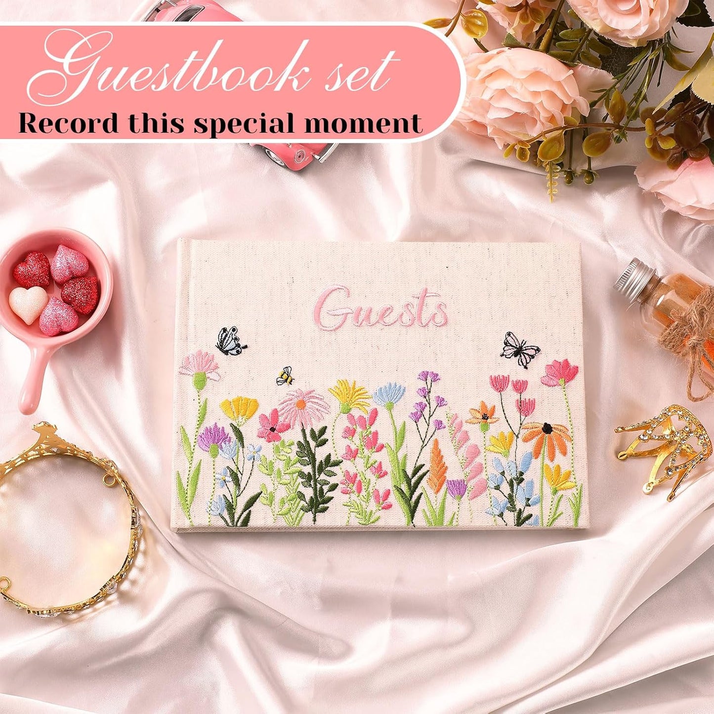 Ctosree Wedding Guest Book with Pens Wildflowers Embroidered Fabric Photo Album, Hard Cover Guest Book Wedding Reception for Baby Shower, Party, Bridal Shower(Colorful,8.3 * 6 Inch)