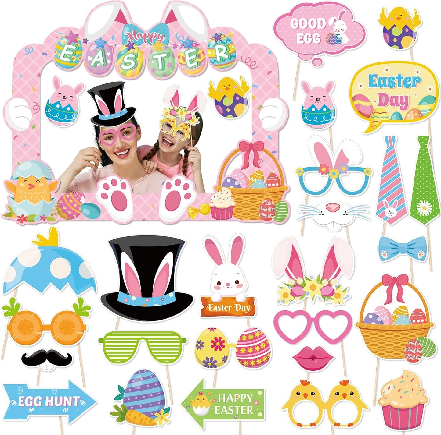HOWAF Easter Photo Booth Props, 25pcs Happy Easter Party Decorations Photoshoot Props with Photo Frame, Egg Bunny Selfie Props for Spring Easter Photography