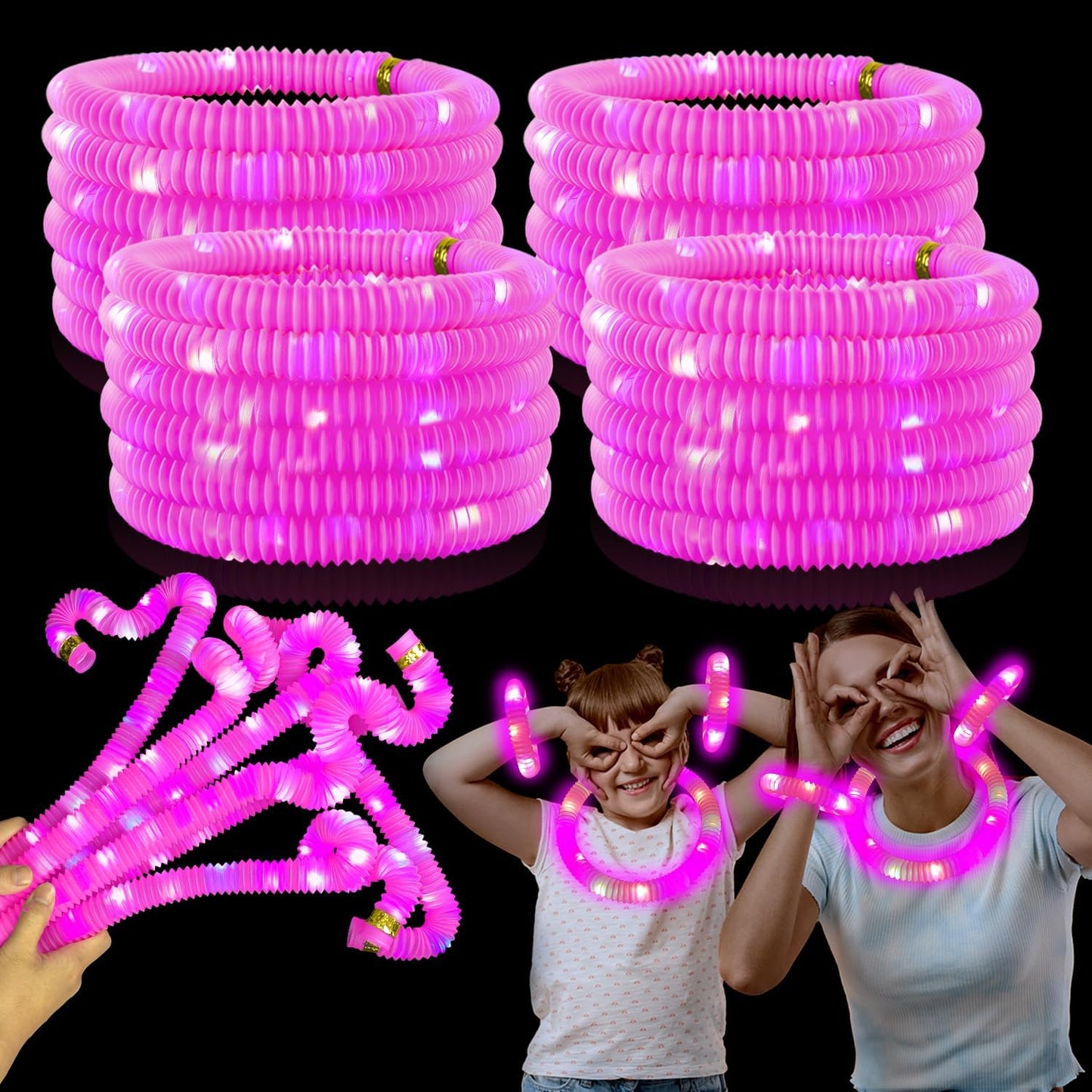 Orange Glow Sticks Party Favors Supplies for Kids 24 PCS,4th of July LED Light up Pop Tubes for Toddlers,Neon Necklaces Bracelets Accessories,Birthday Dance Party 250th Anniversary Camping Toys Gifts