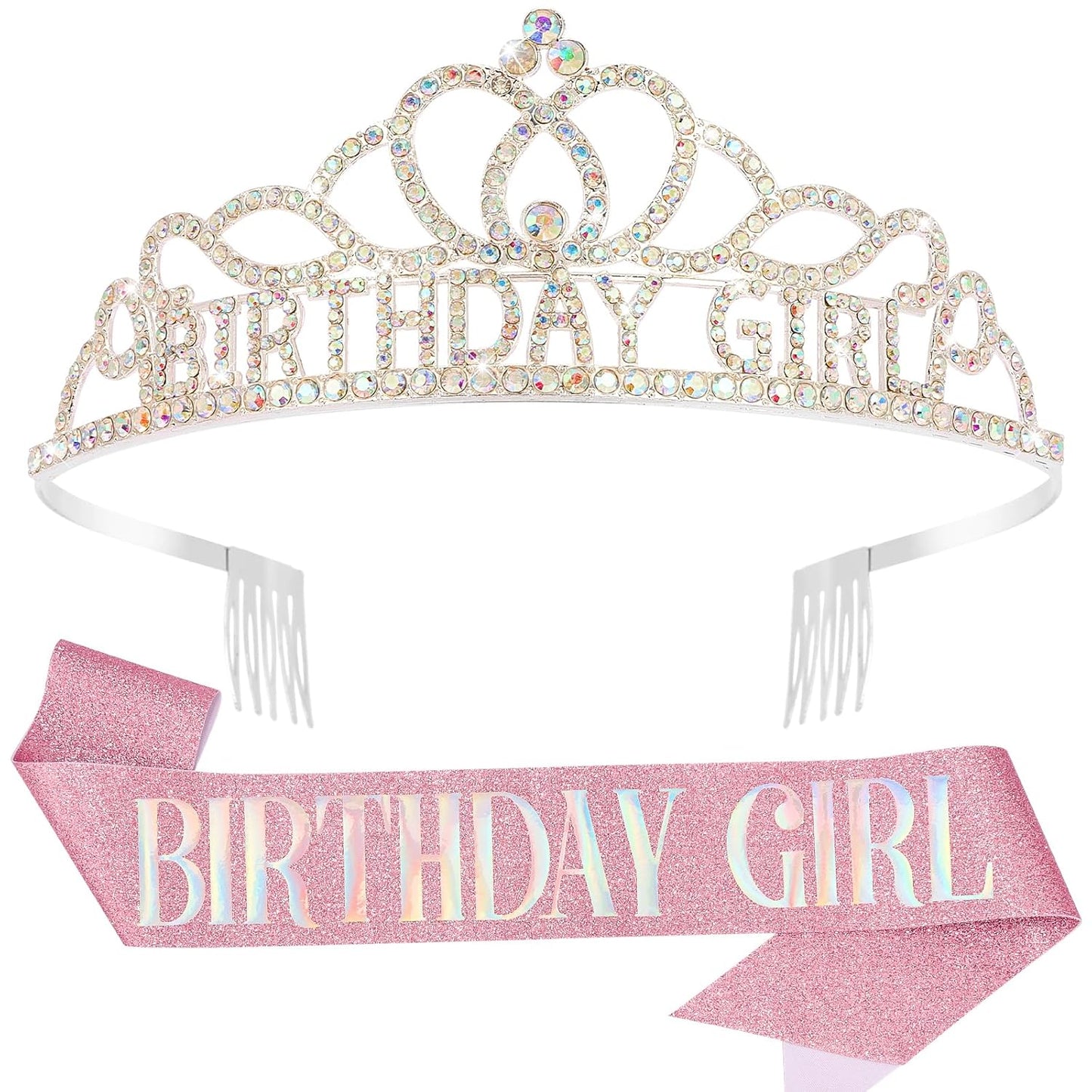 Chanaco Happy Birthday Crown and Sash Kit for Women and Girls - Rhinestone Tiara and Sashes with 'BIRTHDAY GIRL' Sash for Party Favors