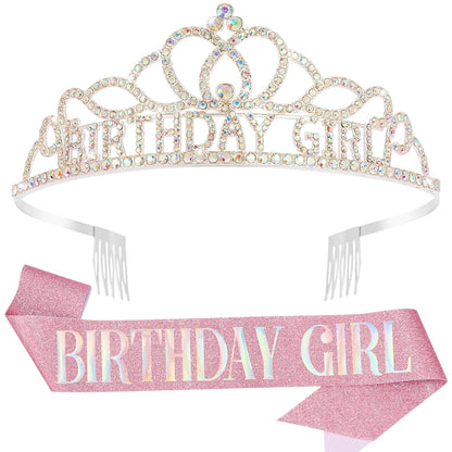 Chanaco Happy Birthday Crown and Sash Kit for Women and Girls - Rhinestone Tiara and Sashes with 'BIRTHDAY GIRL' Sash for Party Favors