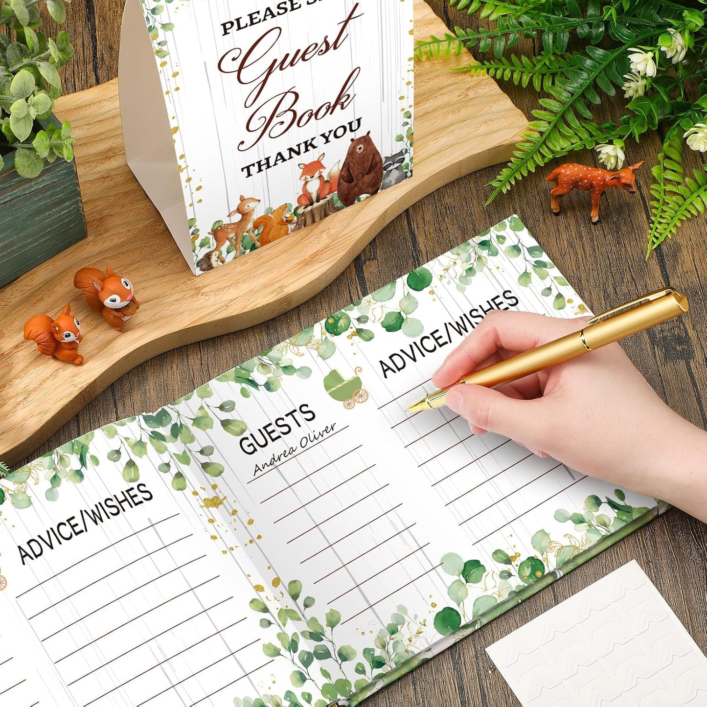 Fuyoooo 27 Pcs Safari Animal Baby Shower Guest Book Set Baby Shower Sign in Guest Floral Book Place Table Cards with Gold Pen Adhesive Photo Corner for Birthday Party