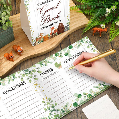 Fuyoooo 27 Pcs Safari Animal Baby Shower Guest Book Set Baby Shower Sign in Guest Floral Book Place Table Cards with Gold Pen Adhesive Photo Corner for Birthday Party