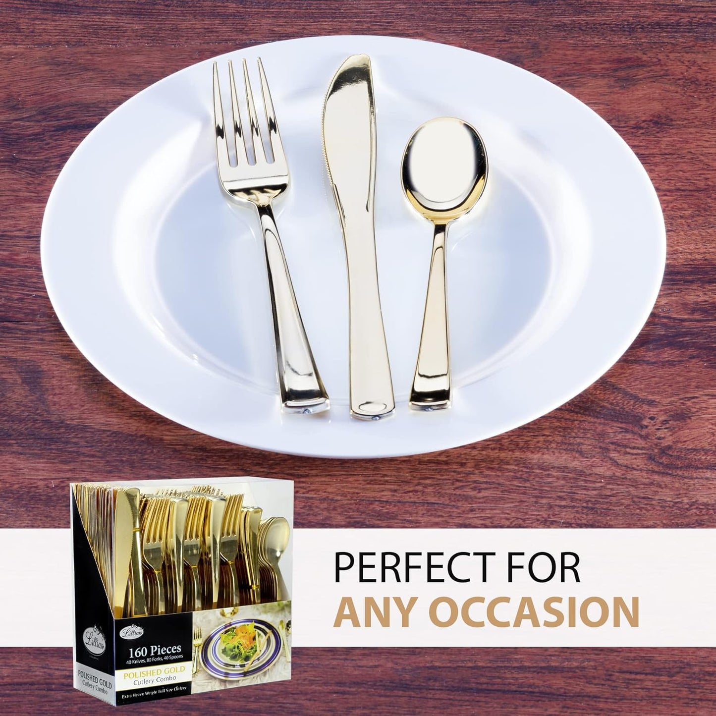Plastic Cutlery Silverware Extra Heavyweight Disposable Flatware, Full Size Cutlery Combo, Polished Silver, 80 Forks, 40 Spoons, 40 Knifes, Value Pack 160 Count