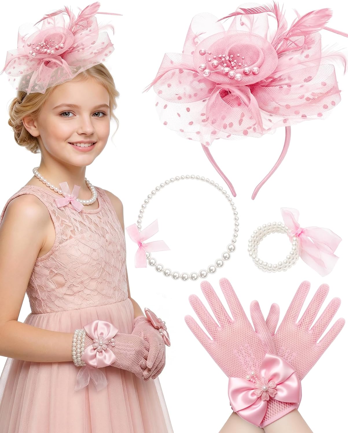 Girls Tea Party Fascinators Hats for Kids Fascinator Tea Party Hat Headband with Gloves Accessories for Girls