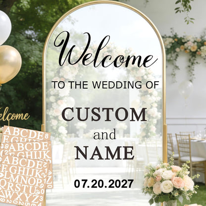 Custom Name Welcome to Our Wedding Signs Personalized Wedding Mirror Decals Selfie Mirror Decal for Wedding Entry Reception Display Golden Date Marriage DIY Vinyl Lettering Welcome Party Decoration