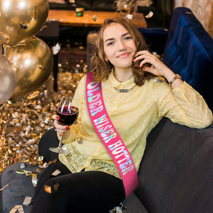 Older Wiser Hotter Sash with Iridescent Foil, Hot Pink Funny Birthday Sash for Women 30th 40th 50th 60th 70th 80th Birthday Party Decorations Sign Gift(Hot Pink + Iridescent )