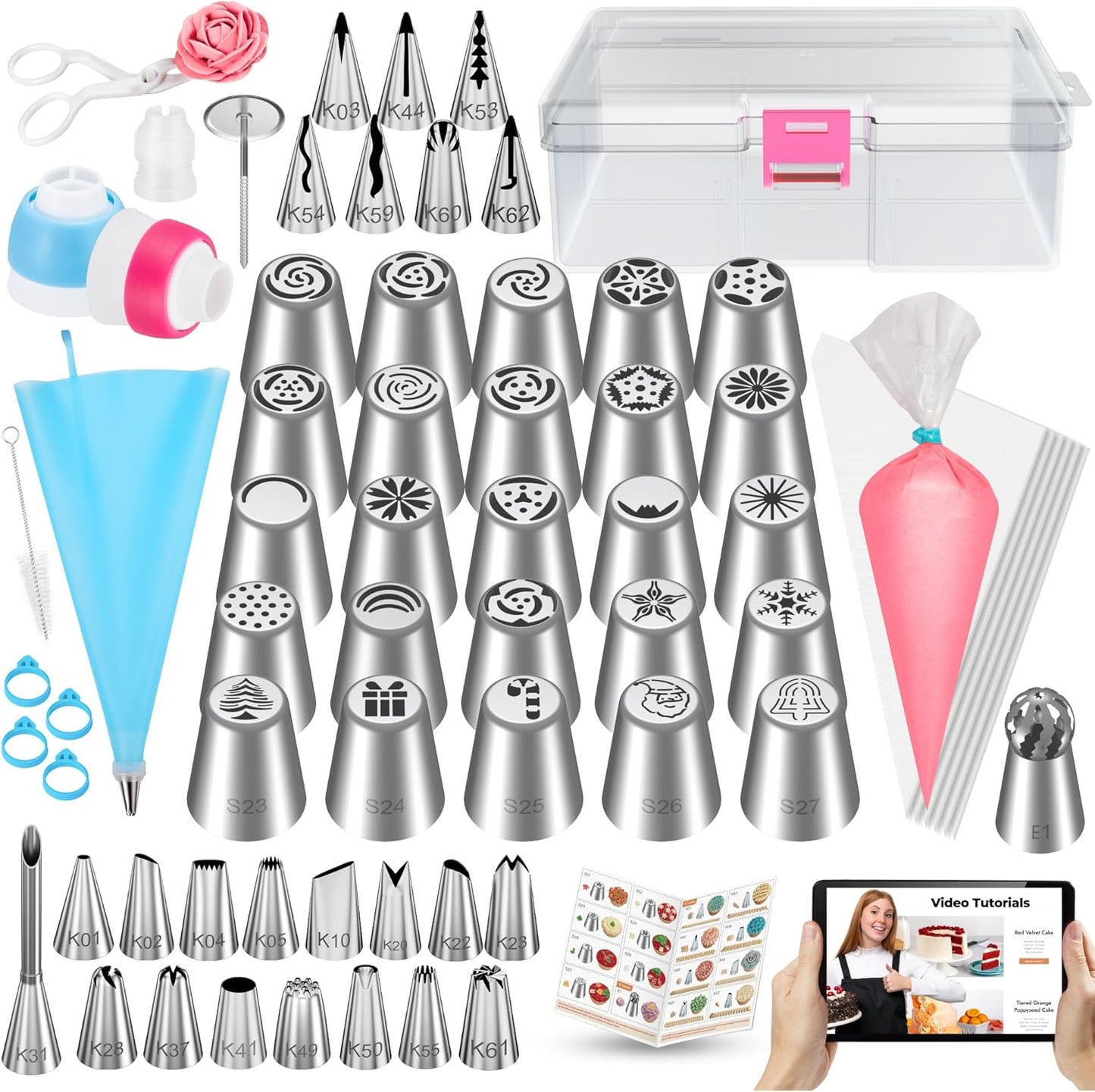 Kootek 48Pcs Russian Piping Tips Set, Piping Bags and Tips Set with 12 Russian Tips, 2 Icing Tips, 30+1 Pastry Bags, 3 Couplers for Cake Decorating, Cupcake, Cookie, Baking