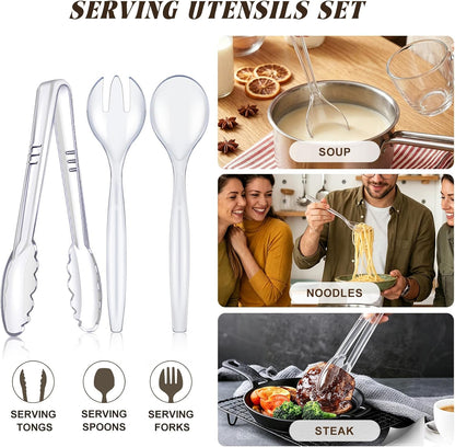 Mwellewm 18Pcs Serving Utensils, 10'' Plastic Serving Utensils Set, Disposable Serving Spoons for Buffet, Large Serving Tongs for Food, Heavy Duty Party Supplies for Salad Soup Cooking Catering(Black)