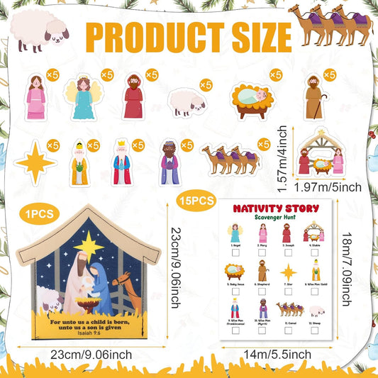 Soulchen Easter Scavenger Hunt Game Nativity Game Sets Supplies Including Felt Nativity Bag 15 Scavenger Hunt Cards 60 Felt Christian Element Pieces for Easter Church School Party