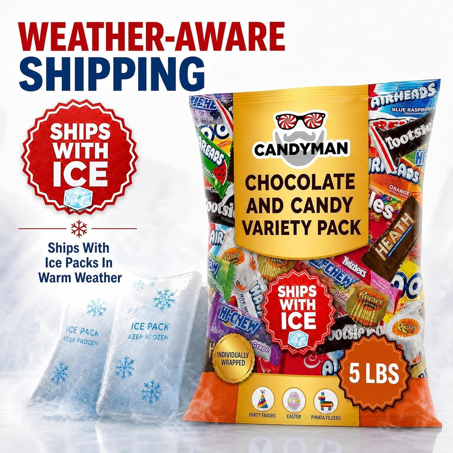 CANDYMAN (5 LB) Chocolate Candy Variety Pack — Individually Wrapped Bulk Candy Mix, Fun & Mini Size Treats for, Pinata Fillers for Kids, Party Favors, Father's Day, Ship with Ice