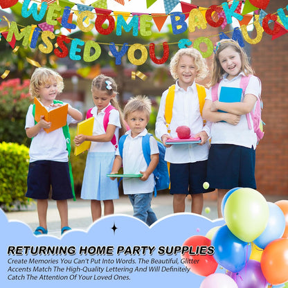 Fulmoon Pre Strung Welcome Back We Missed You So Much Banner, NO DIY, Glitter Welcome Home Celebration Decorations Family Gathering, Back to School, Military Homecoming Decoration(Dark Blue)
