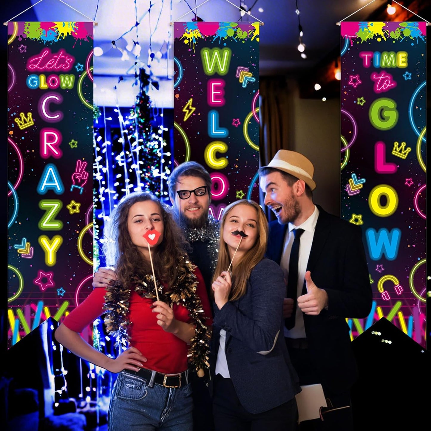 Chiisong 3 Pcs Neon Banner Party Decorations Let's Glow Banner Glow in the Dark Porch Sign Welcome Birthday Porch Sign for Neon Birthday Party Supplies Club Halloween Classroom Decorations