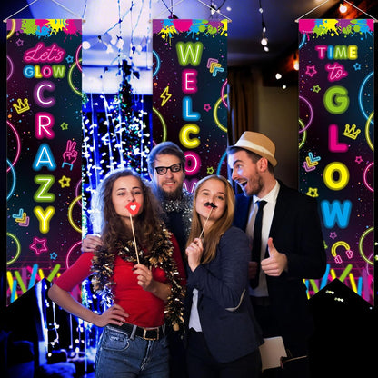 Chiisong 3 Pcs Neon Banner Party Decorations Let's Glow Banner Glow in the Dark Porch Sign Welcome Birthday Porch Sign for Neon Birthday Party Supplies Club Halloween Classroom Decorations