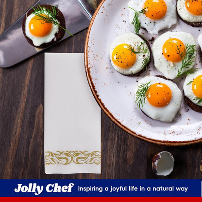 JOLLY CHEF 100 Disposable Hand Towels, Soft and Absorbent Linen Feel Dinner Napkin, Elegant Decorative Paper Guest Towels for Kitchen, Bathroom,Thanksgiving, Weddings,Parties, Gold and White