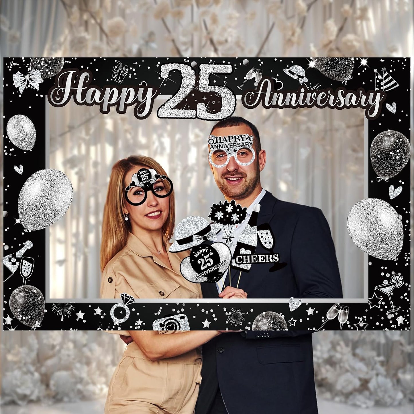 50th Wedding Anniversary Decorations Black Gold 50th Wedding Anniversary Party Photo Booth Props and Selfie Frame Silver Happy 50 Years Anniversaries Party Supplies for Women Men Cheers to 50 Years