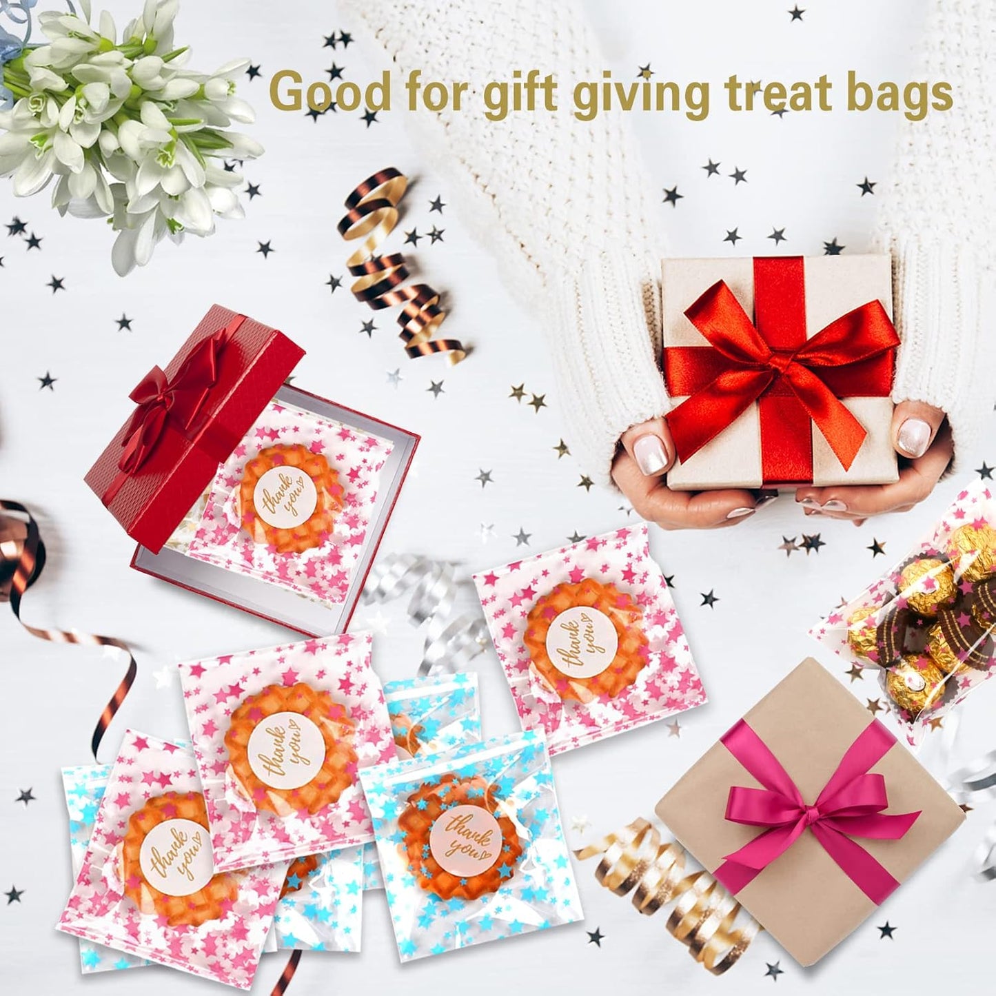 100 Pcs Star Printed 5"X 7" Gift Wrap Cello Cellophane Treat Bags Party Favor bags Clear Candy Cookie Bag Plastic Poly Goodie Storage Bag with Twist Ties for Bakery,Birthday, Wedding ,Party Decorations (Gold)