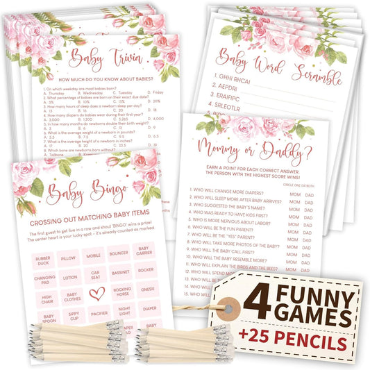 Woodamore Funny Baby Shower Games For Girl - Floral Baby Shower Bingo Cards For 25 Guests, Word Scramble Trivia Mommy Or Daddy Game, Wildflower Baby Shower Decorations Ideas