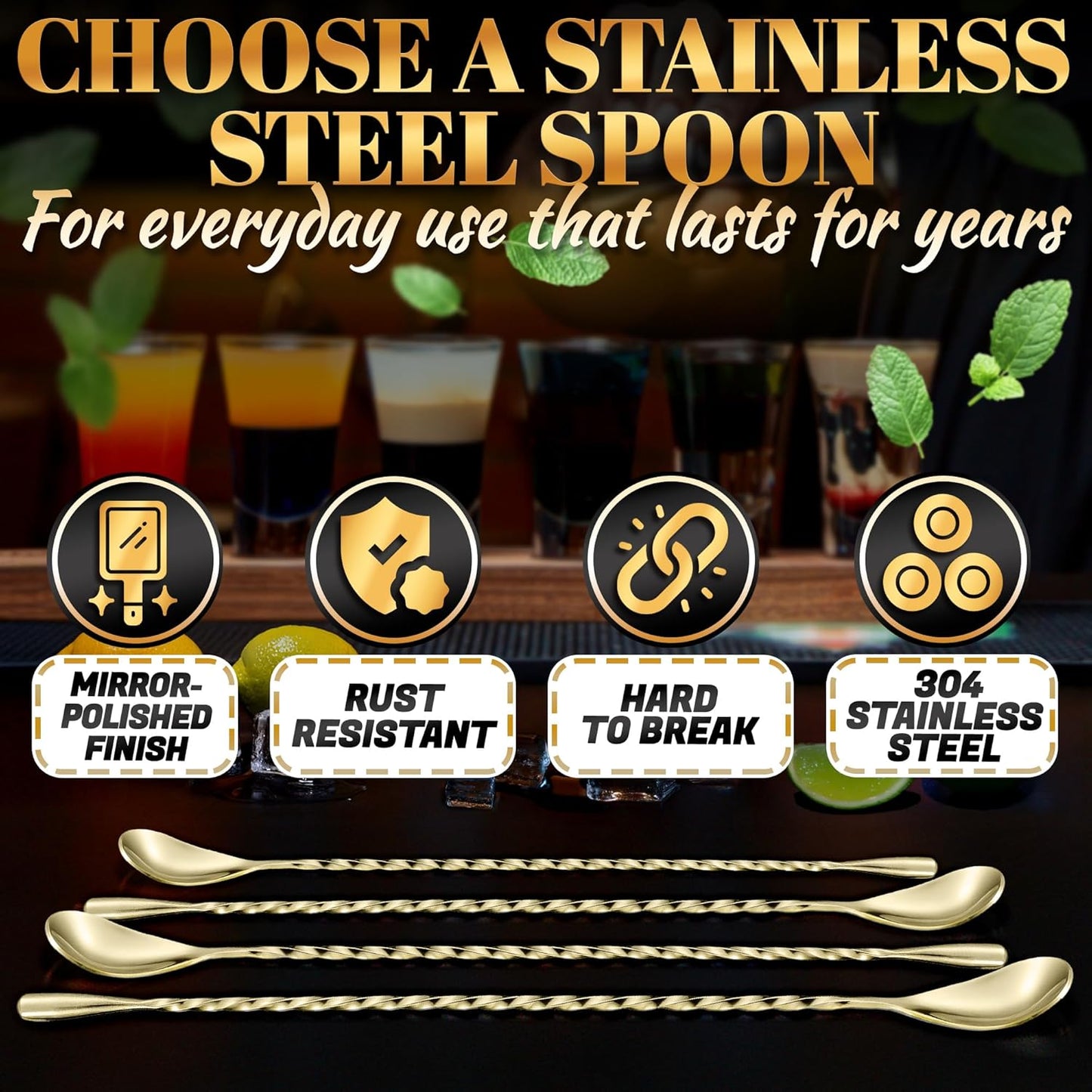 4 Pcs Bar Spoon Cocktail Mixing – Stirs Deep Glasses All the Way to the Bottom, Even Mixing & Easy Drink Layering – 12'' Long Balanced Stainless Steel Cocktail Stirrers for Drinks with Twisted Handle